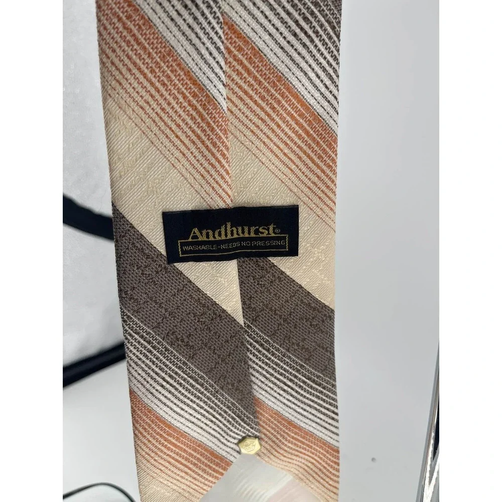 Vintage Andhurst Mens Brown Orange Striped Dacron Polyester Necktie‎ Washable